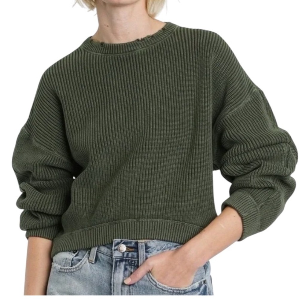 PISTOLA Frances Sweater BLACKENED OLIVE GREEN Distressed Crew Neck Ribbed SIZE M
